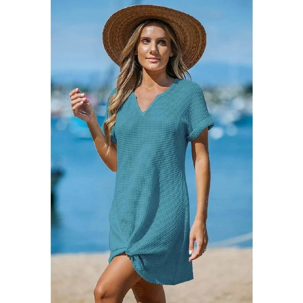 Cupshe Blue Waffle Knit Mini Dress Size L NWT Short Sleeve Beachwear - Picture 3 of 6